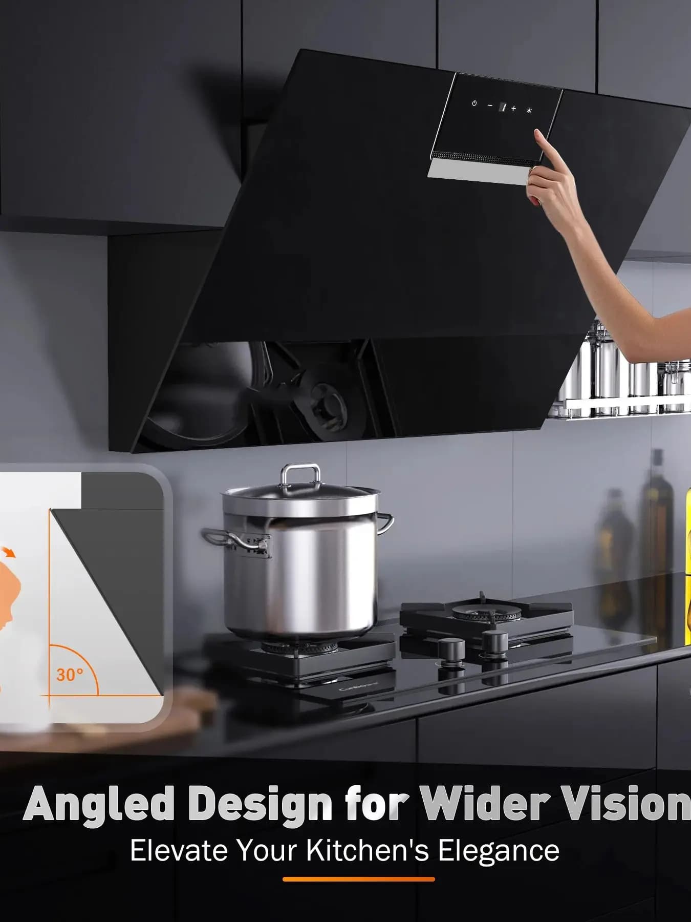 Hotte de cuisine murale 90 cm 800 m3/h A+++ LED Touch Control, verre noir - Option de recirculation/échappement