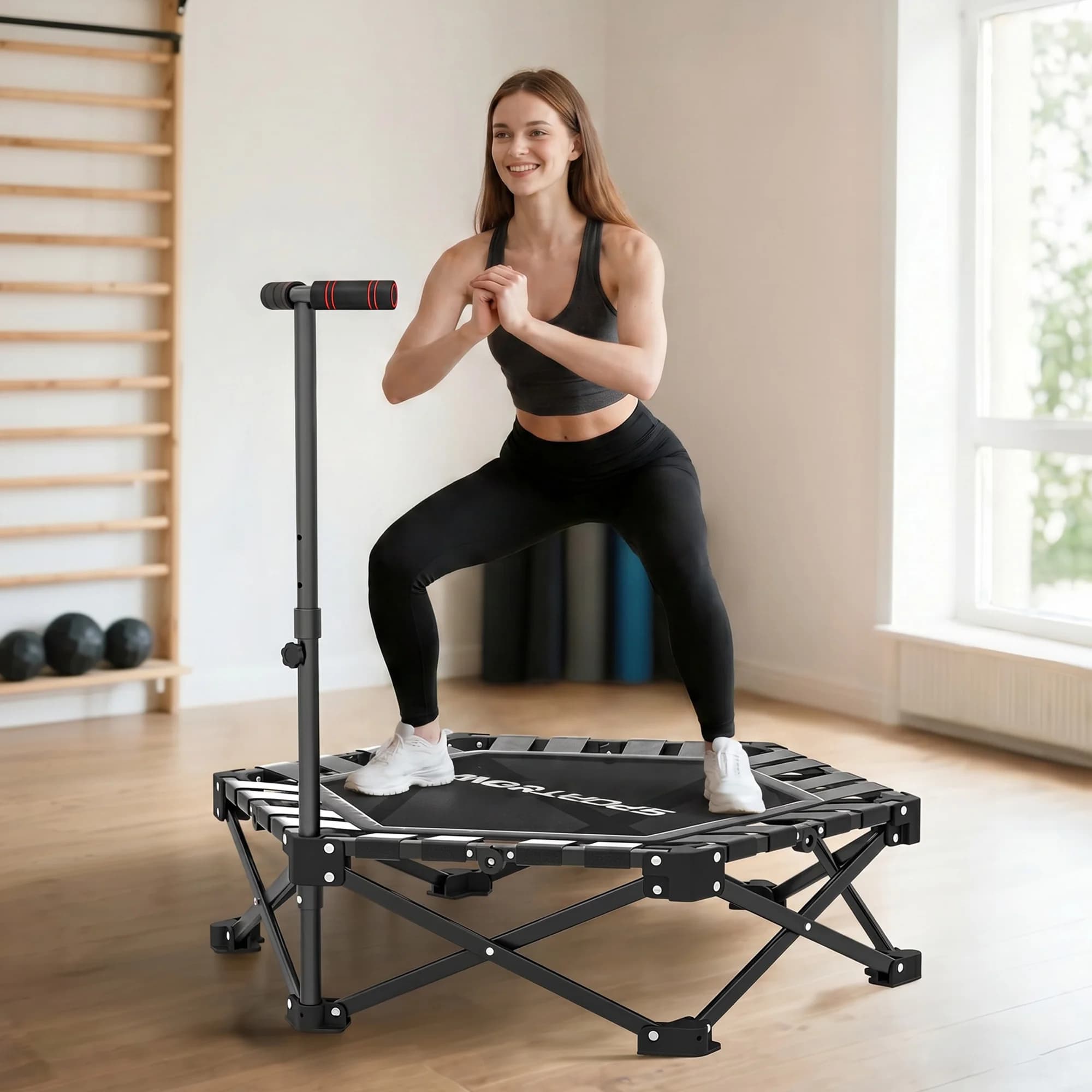Trampoline de fitness pliable Sportnow 104 cm avec barre réglable en 3 hauteurs, cadre métallique renforcé et sac 104x104x114 cm