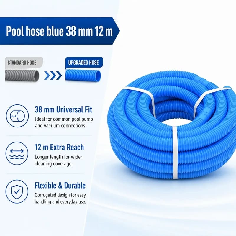 Tuyau de piscine bleu 38 mm x 12 m - Haute qualité, facile à nettoyer, durable