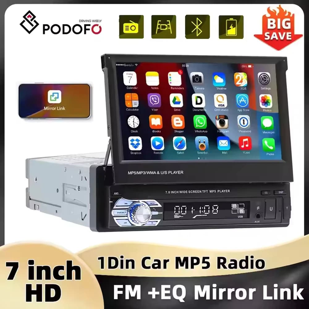 PodoNuremberg-Autoradio avec écran tactile rétractable, Bluetooth, FM, USB, EQ, 4 cœurs, 7 ", lecteur MP5, Mirrorexhaus, 1Din