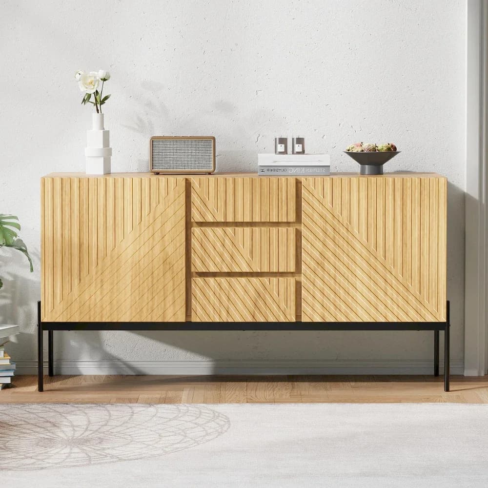 Buffet avec 2 portes et 3 tiroirs, pieds en métal, meuble TV, buffet, commode avec lignes design, dimensions : H75cm/B140cm/T40cm