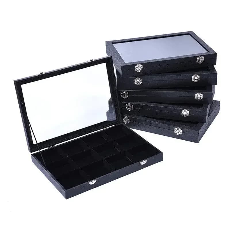 Boîte à bijoux en PU noir dur avec couvercle en verre, boîte de rangement pour bague, boucle d'oreille, Bracelet, collier, présentoir, boîte de