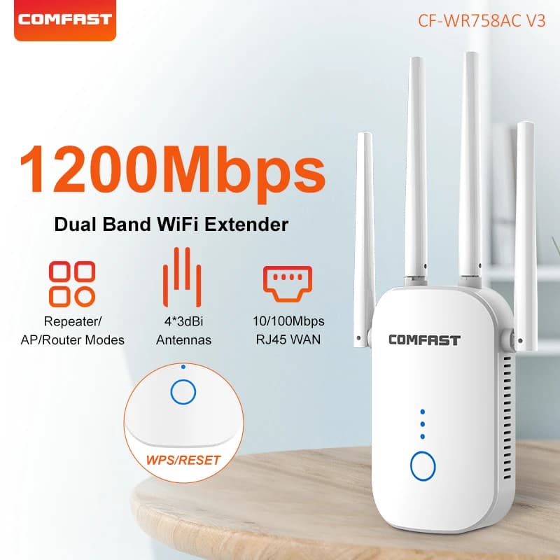 Répéteur WiFi COMFAST 1200 Mbps 2,4/5,8 GHz, extension de portée WiFi sans fil, routeur Wi-Fi WPS, 4 antennes 3dBi, amplificateur Wi-Fi, prise EU