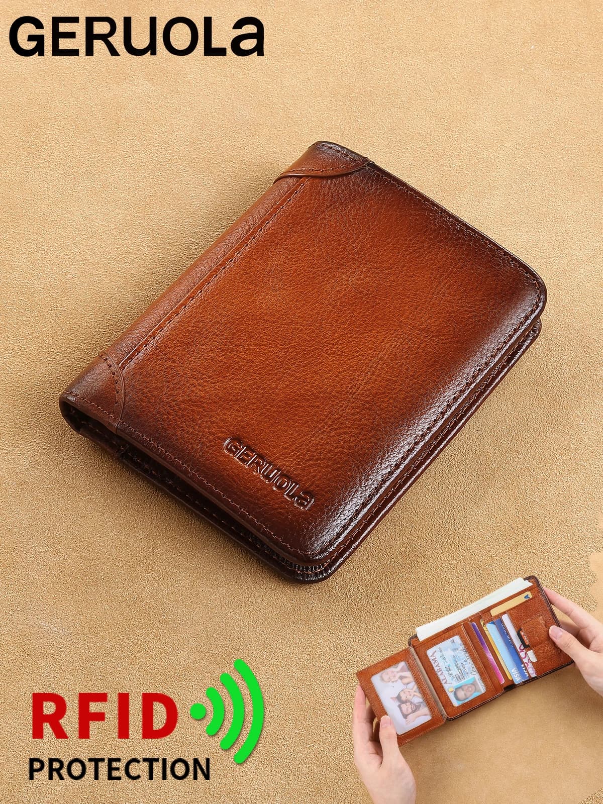 GERUOLA portefeuille mince en cuir véritable blindé RFID pour hommes-porte-carte d'identité et de crédit multifonctionnel marron foncé avec