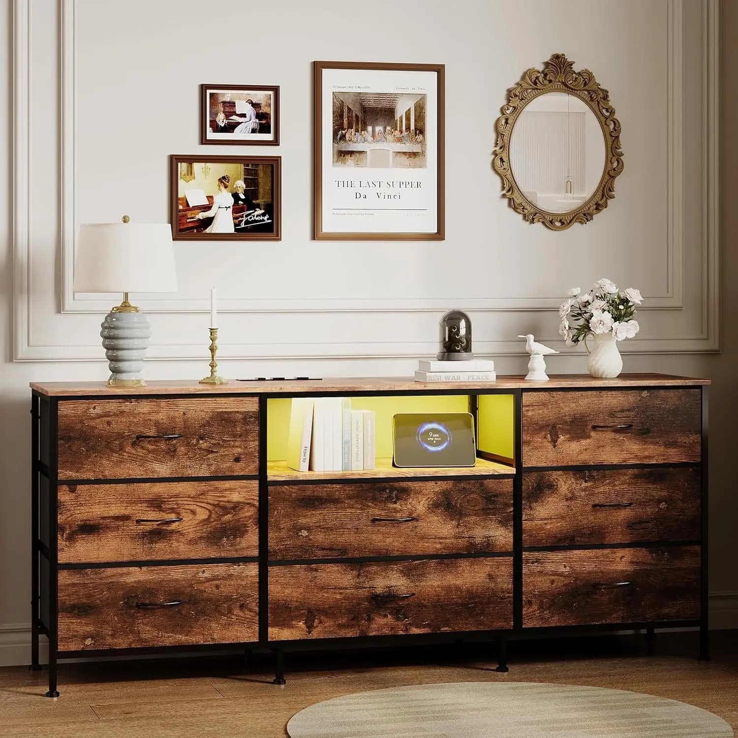 Meuble TV LED moderne en fer et bois, centre de divertissement, meuble de rangement multimédia, console avec tiroirs en tissu pour salon