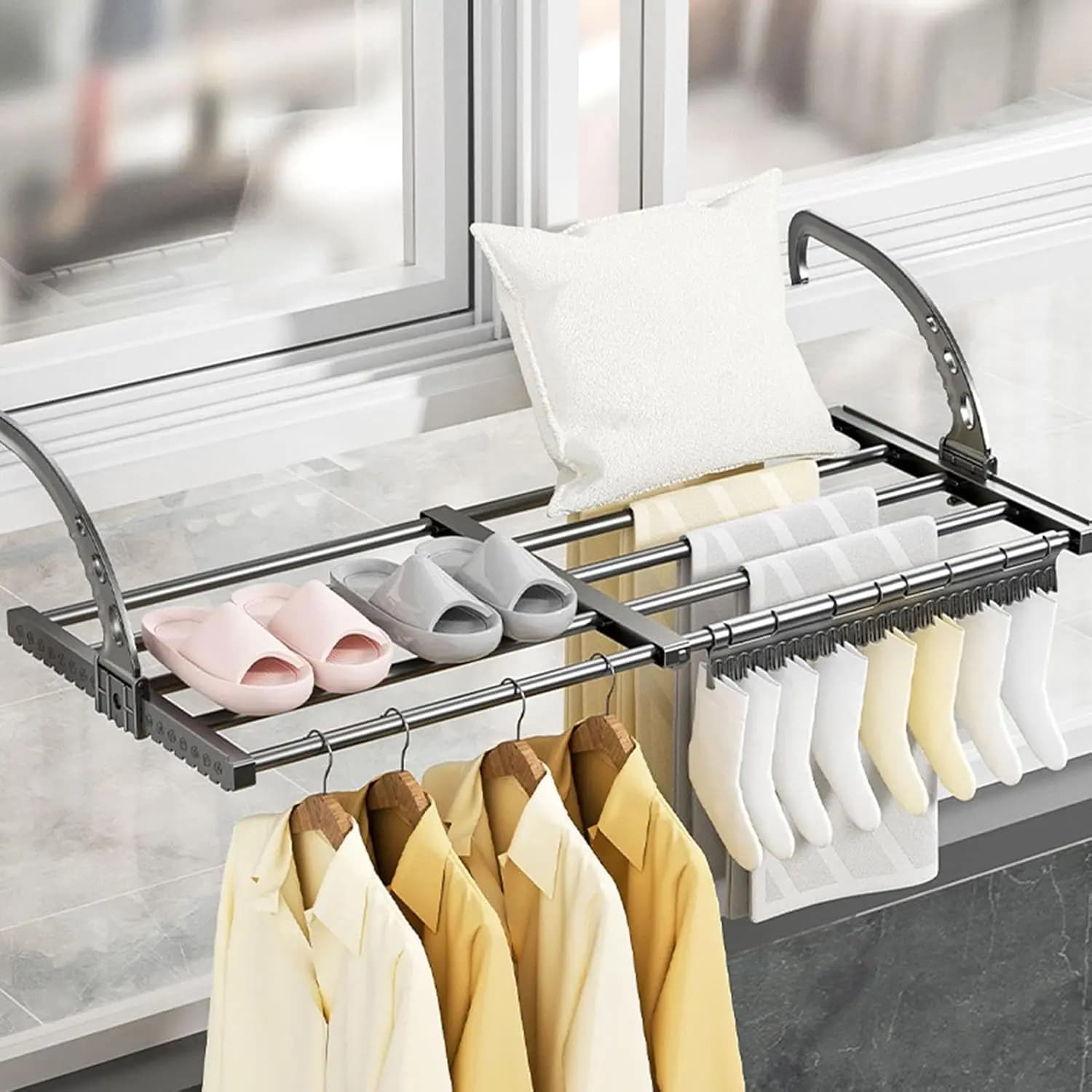 Radiateur extensible pour vêtements, support suspendu rétractable et pliable avec Clip pour chaussettes, support de séchage du linge pour salle de