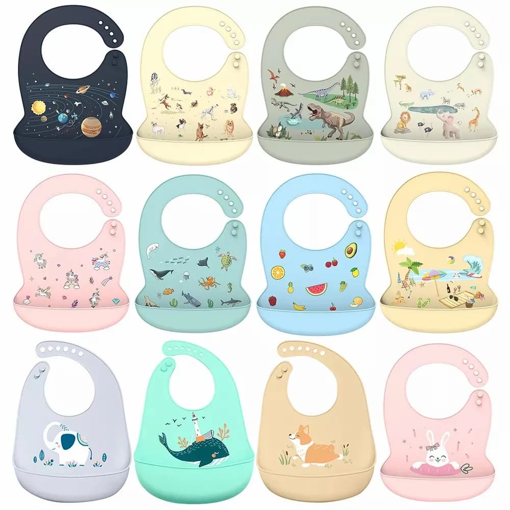 Bavoir bébé en silicone imperméable, bavoirs anti-bavures, dessin animé, alimentation pour nouveau-né, tabliers