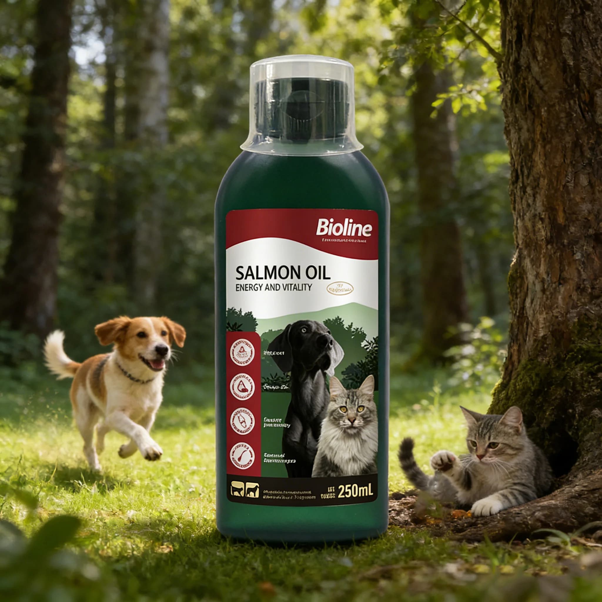 Huile de saumon Bioline 250 ml pour chiens et chats, huile de poisson, acides gras oméga, EPA et DHA pour animaux de compagnie, peau sensible, santé