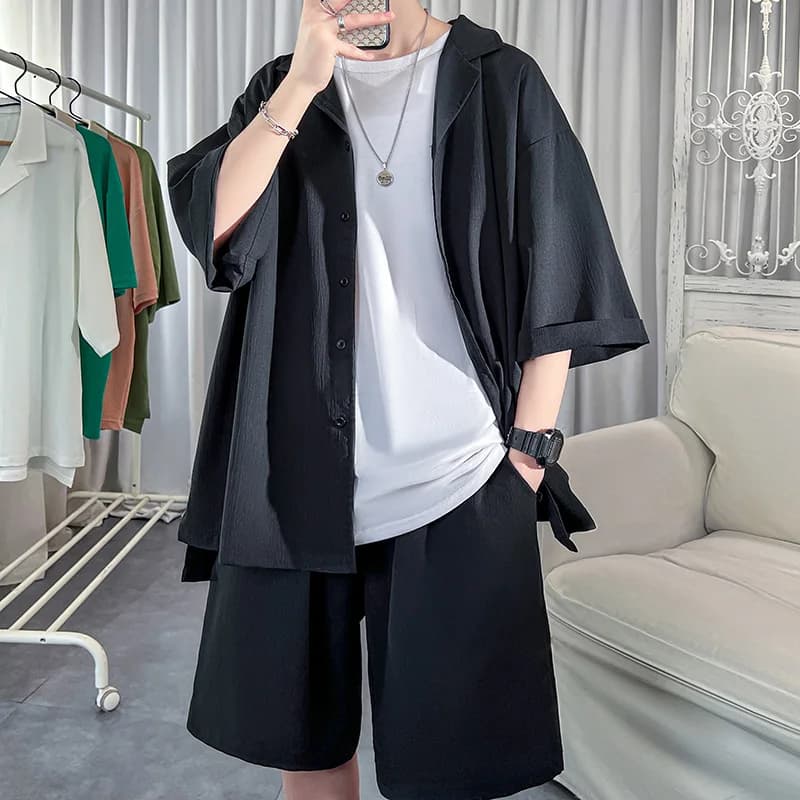Ensemble chemise et short de style coréen pour hommes, haut à manches courtes monochromatique, bas assortis, mode estivale, vêtements respirants
