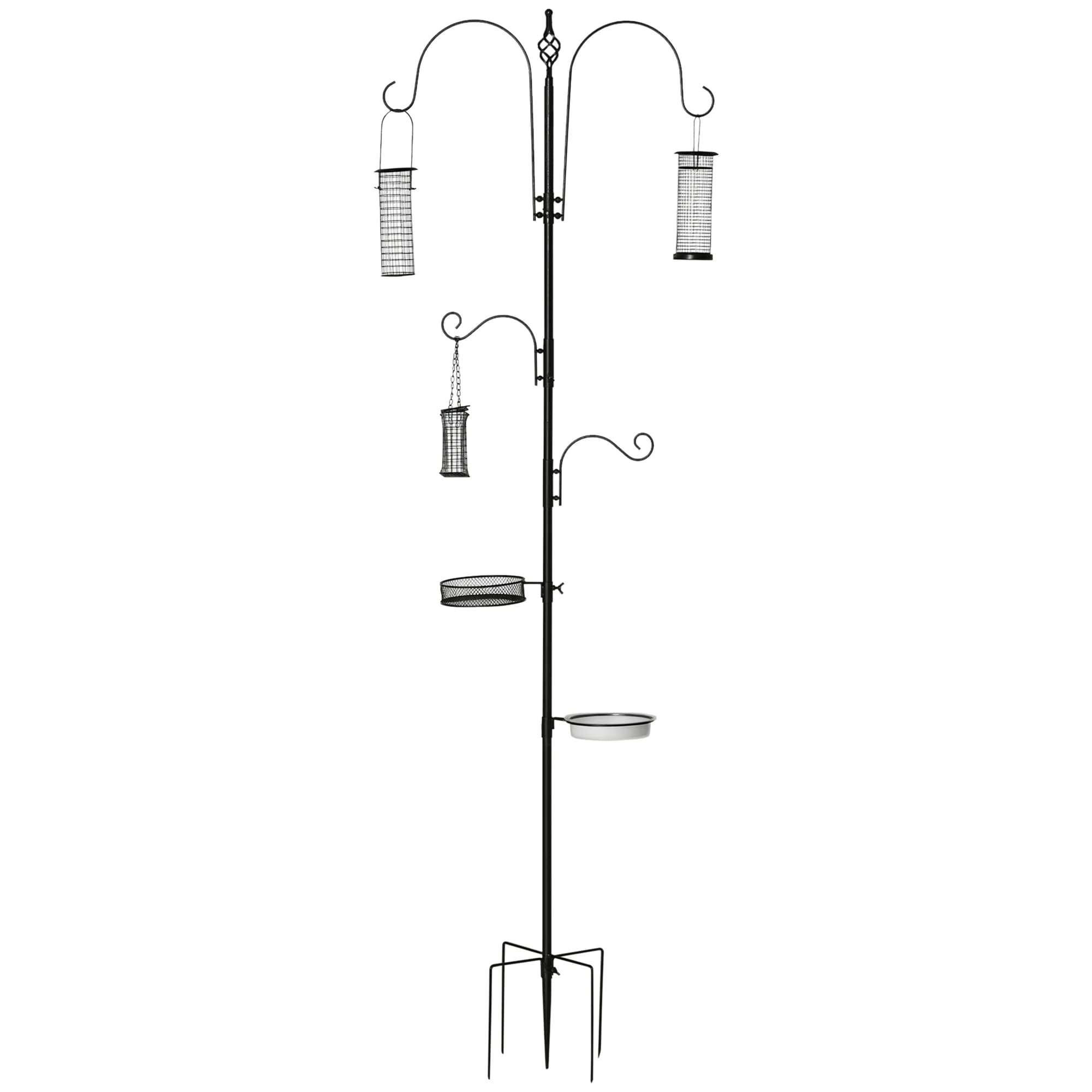 PawHut Station d'alimentation pour oiseaux en acier, mangeoir à oiseaux sur pied 208H cm avec 4 crochets, récipient pour eau et