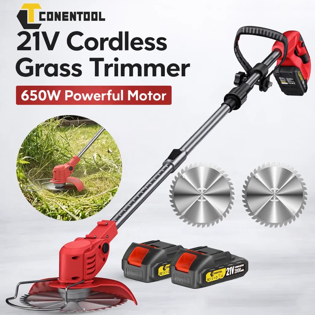Débroussailleuse sans fil CONENTOOL 21V 650W, coupe-herbe télescopique pliable, 8500 tr/min avec 5 lames de coupe