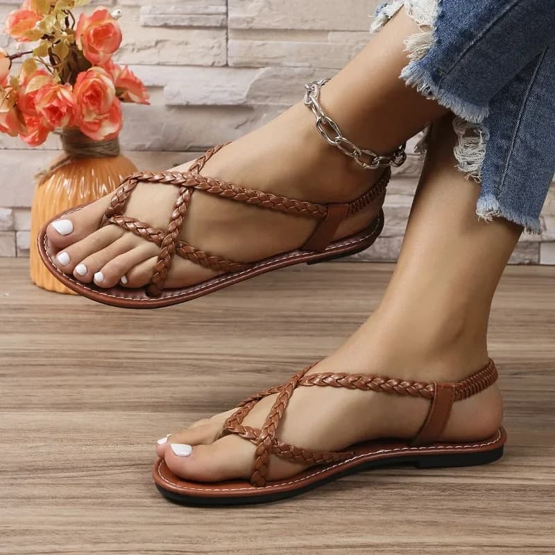 Sandales décontractées à documents solides pour femmes, chaussures élastiques tressées plates légères, chaussures de plage de vacances d'été