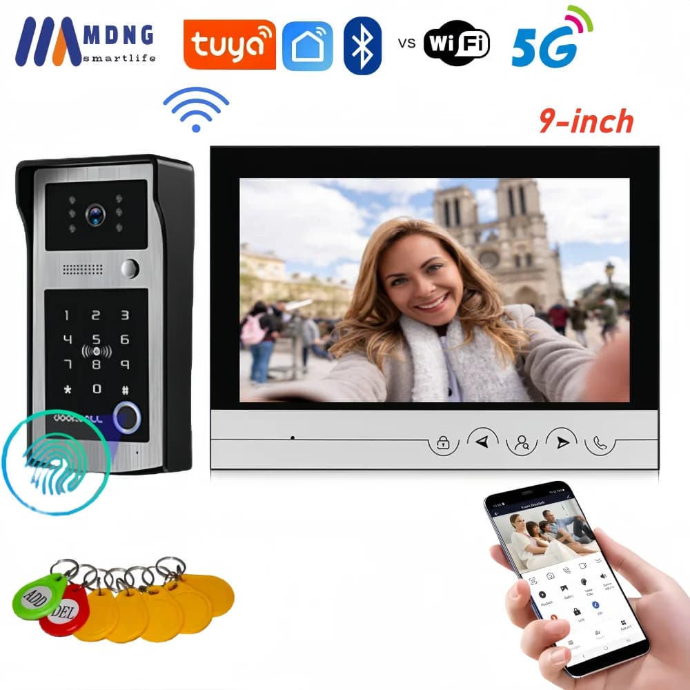 Système d'interphone vidéo Tuya WIFI de 9 pouces, caméra de sonnette étanche HD 1080P, interphone sans fil avec carte RFID, clavier à mot de