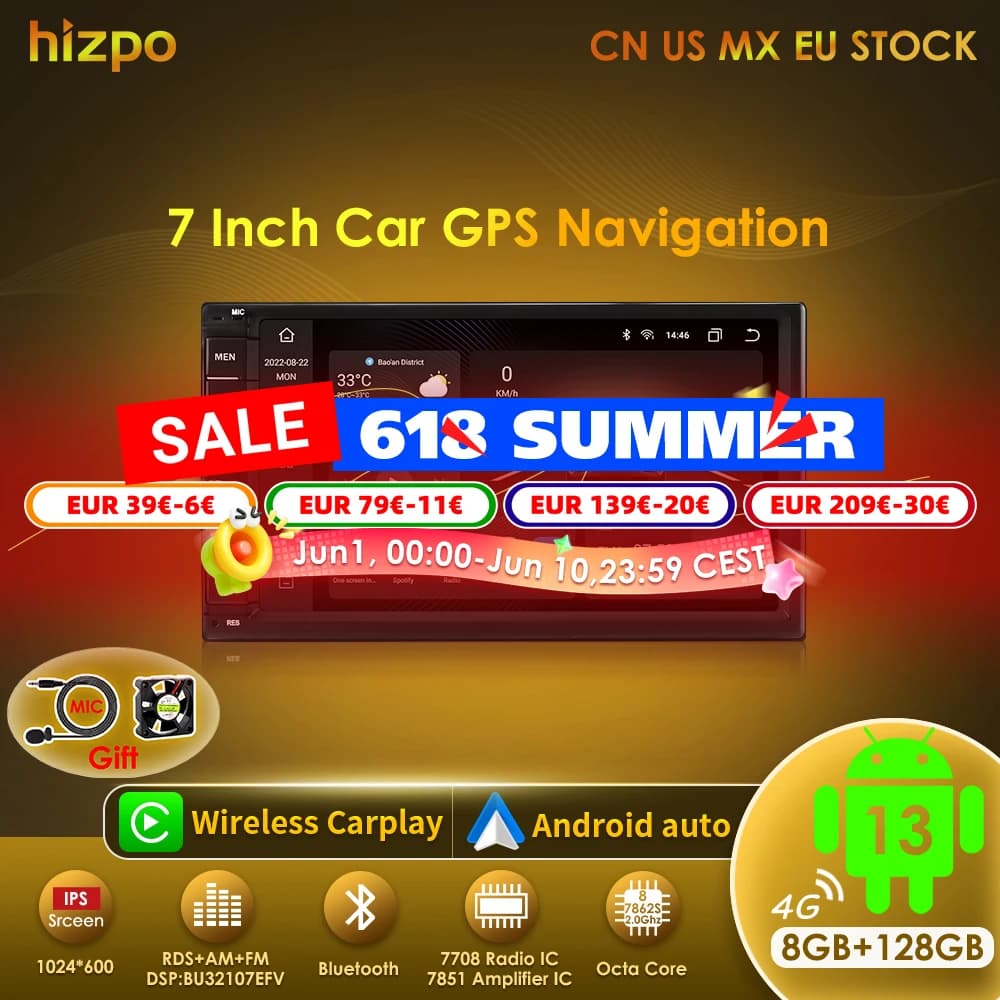Hizpo 2din 7 pouces CarPlay Android 13 Auto universel voiture stéréo Bluetooth FM Radio pour Nissan Toyota Volkswagen Autoradio 8G 128G