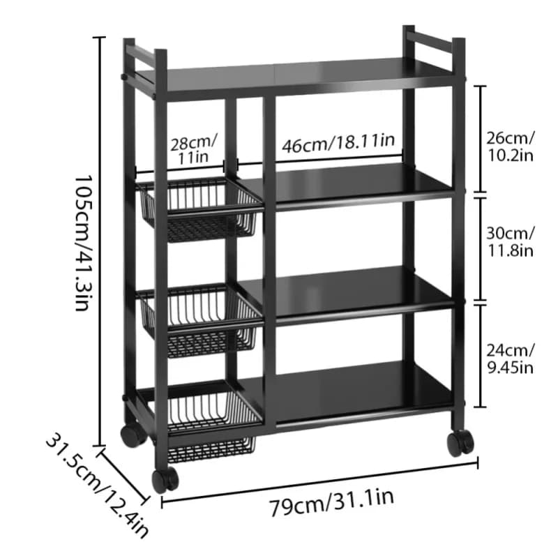 Étagère de rangement mobile robuste à 4 niveaux réglable avec 3 paniers en fil métallique, idéale pour garage, garde-manger, salle de bain