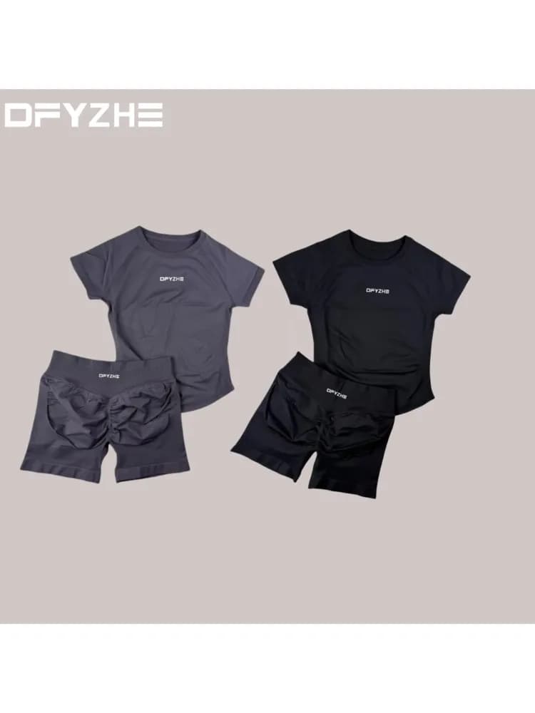 Ensemble de sport DFYZHE Impact : Haut de yoga sans couture à col rond et manches courtes, short de fitness et de course, ensemble de boxe