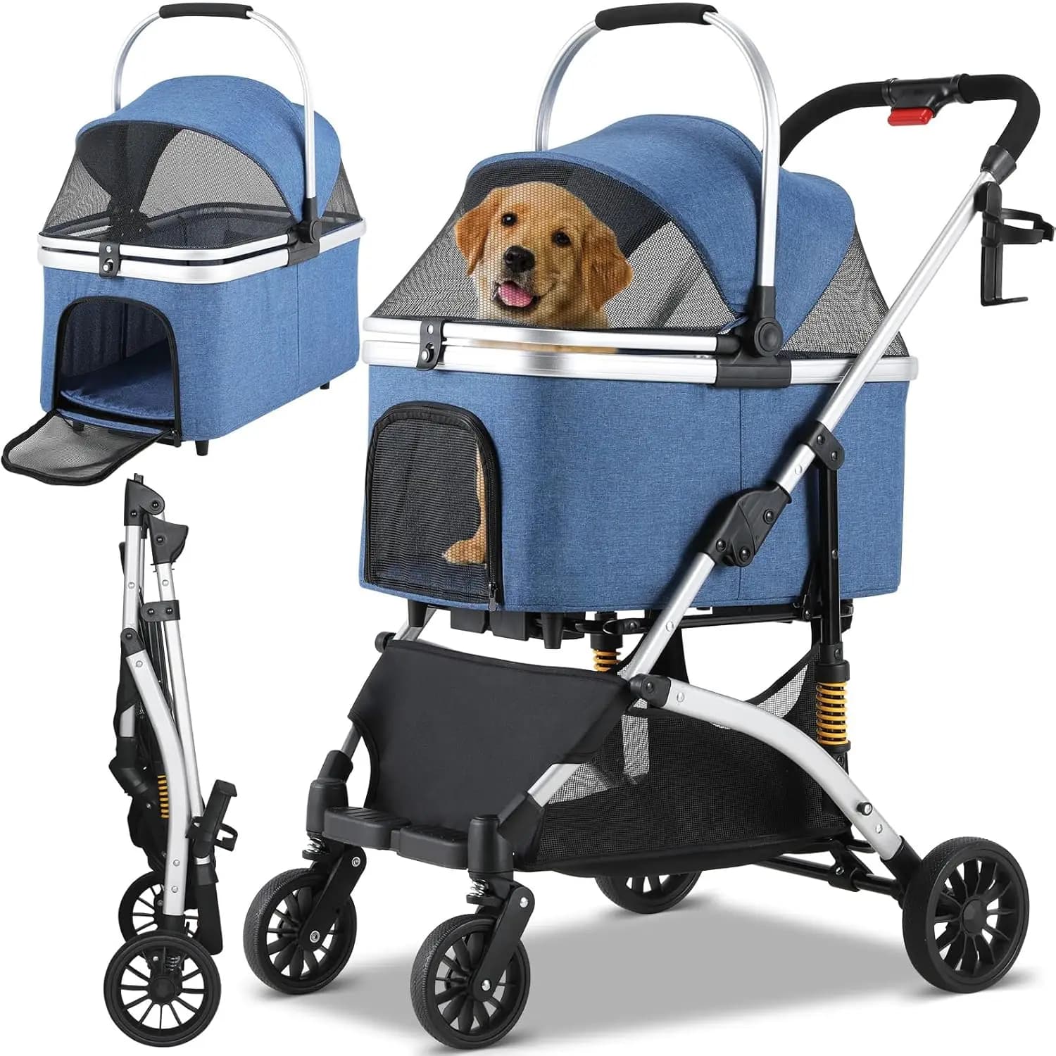 Poussette pour animaux de compagnie 4 en 1, porte-bagages et siège de voiture détachables, cadre en aluminium, poussette de voyage à 4 roues pour