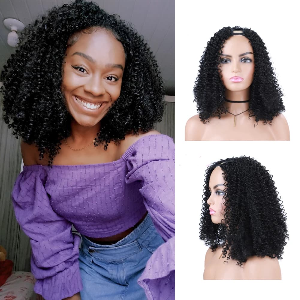 Lydia Afro Crépus Bouclés U Partie 1B #   Perruque de cheveux de couleur noire, synthétique résistante à la chaleur, 18 pouces, perruques de