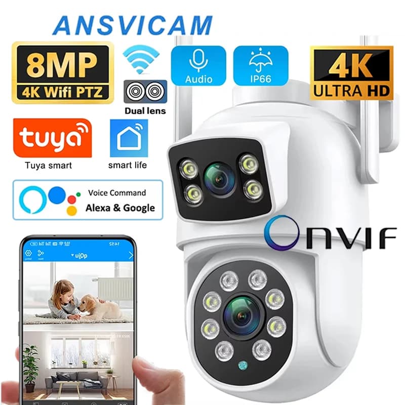Caméra WIFI 4K 8MP, application TUYA, double écran, binoculaire, corps AI, suivi automatique, CCTV, sécurité Alexa, surveillance intelligente IP66