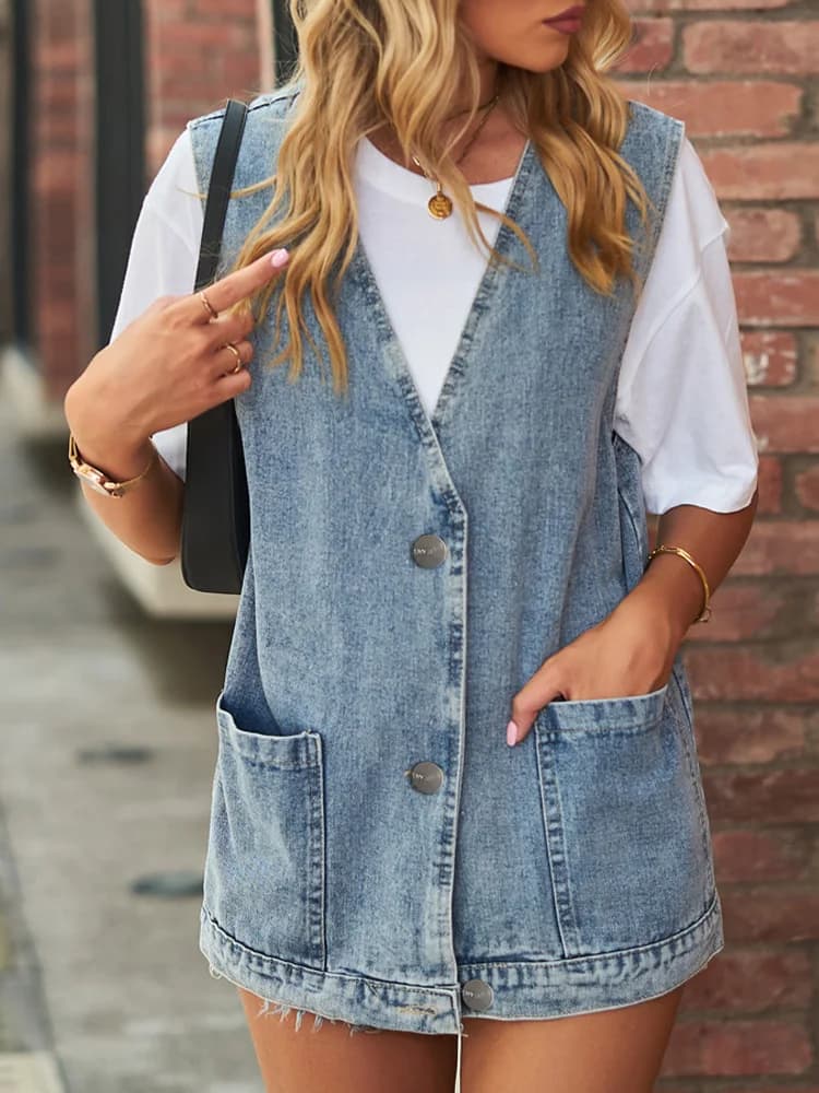 Benuynffy Vintage grand col en V Denim gilet femmes printemps été lavé poches décontractées sans manches jean vestes femme vêtements
