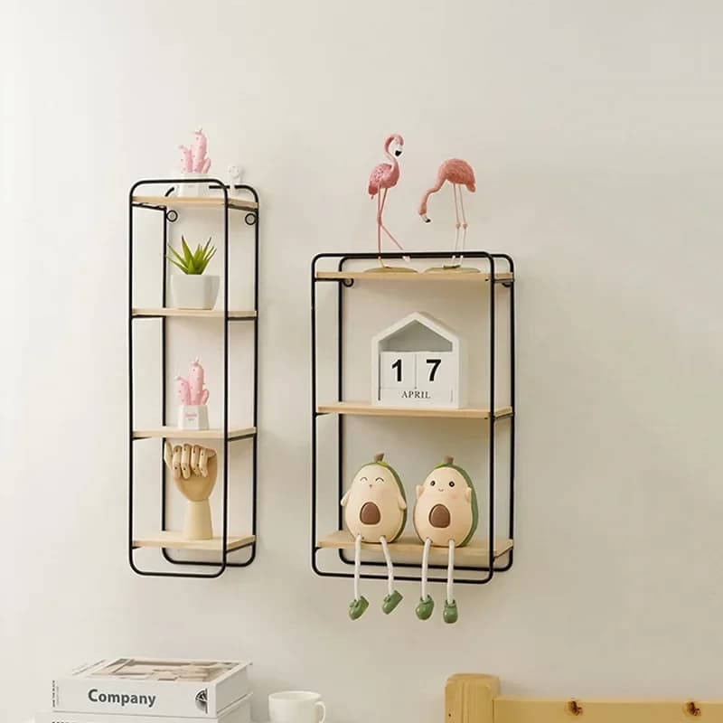 Étagère rectangulaire flottante murale encadrée en métal avec plancher en bois pour affichage de rangement mural articles ménagers décoration de