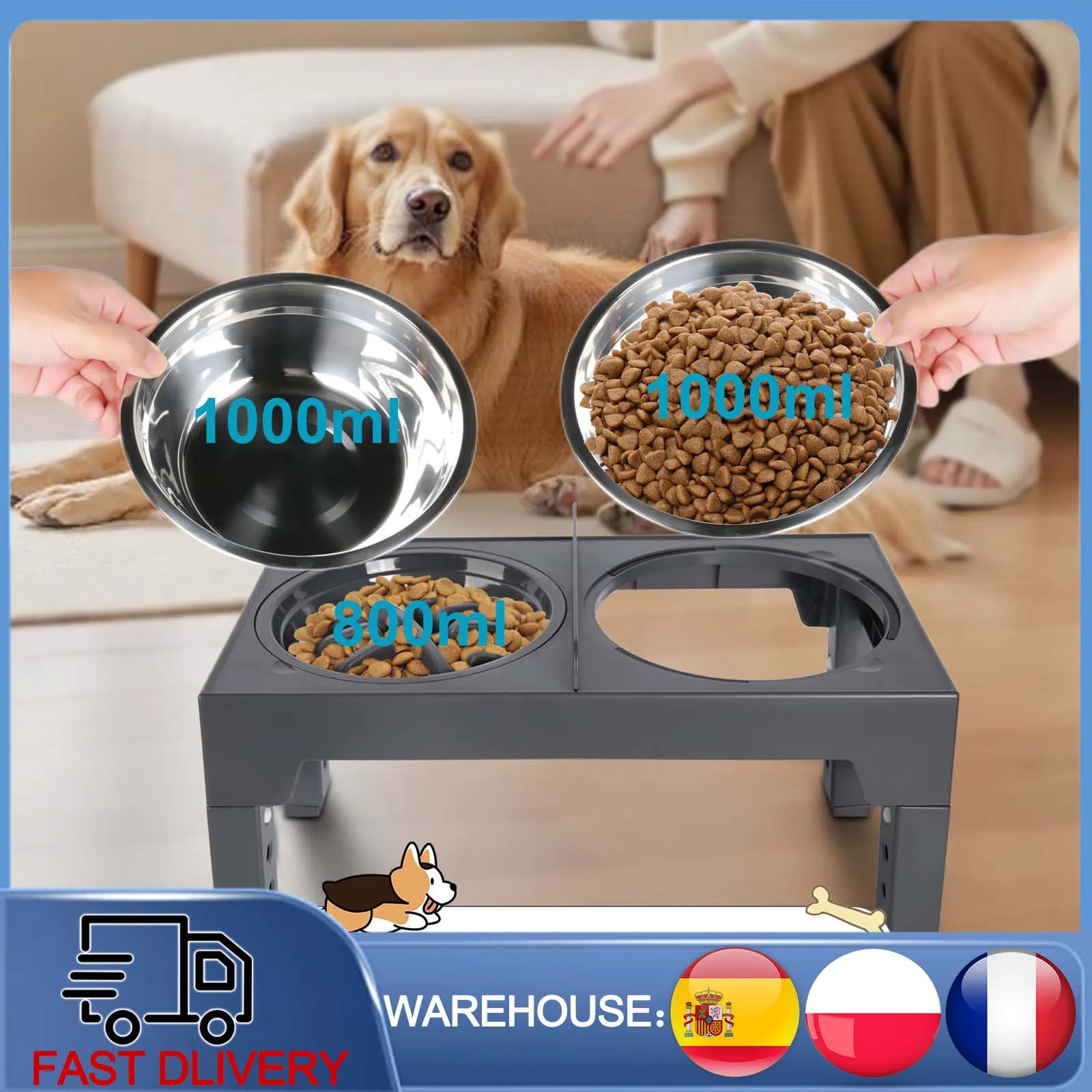 Bol surélevé pour chien à hauteur réglable, en acier inoxydable, antidérapant, anti-renversement, pour chiens de petite, moyenne et grande taille