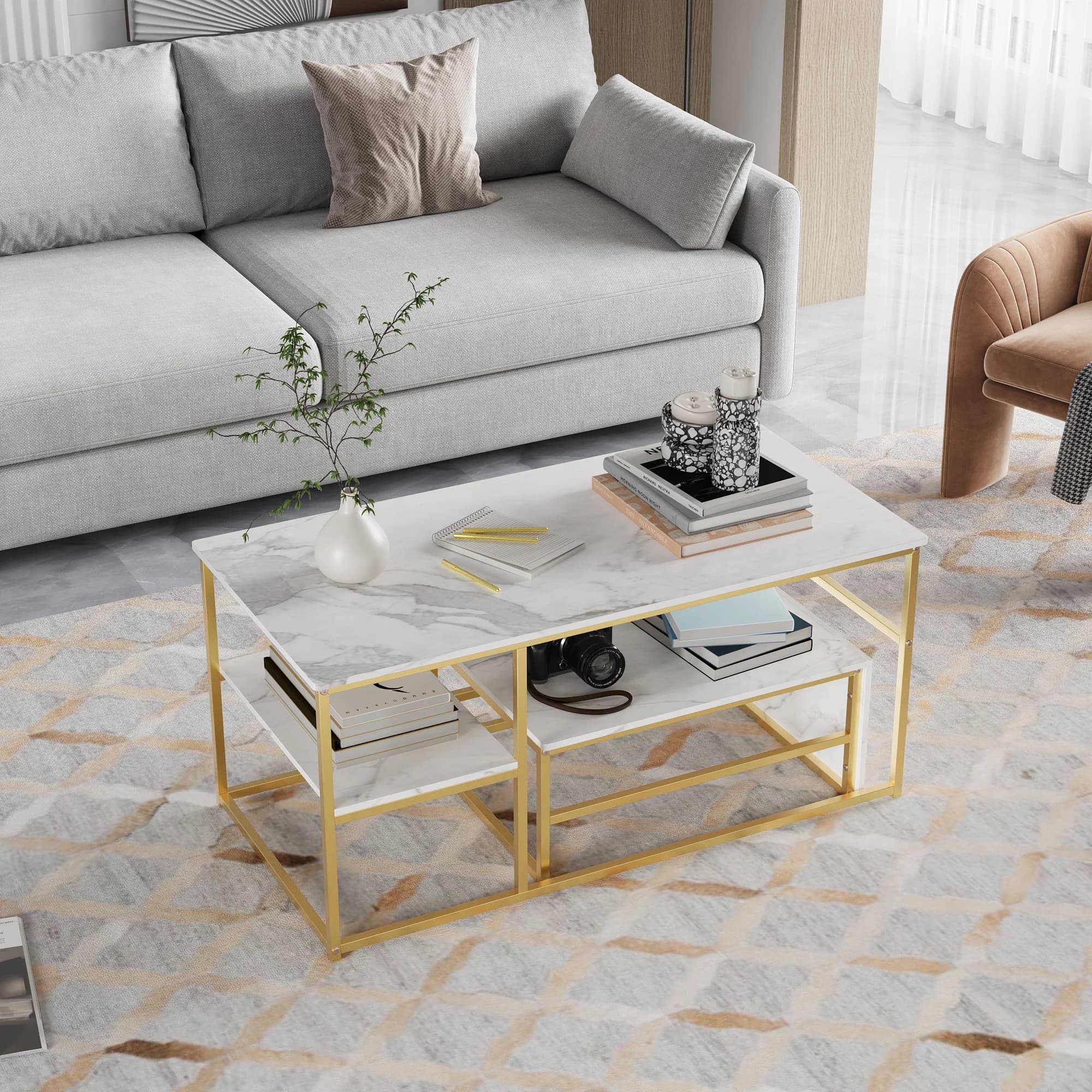 Anajqaqia Table d'appoint 2-en-1, table basse carrée, avec espace de rangement, aspect marbre, structure en métal doré pour salon