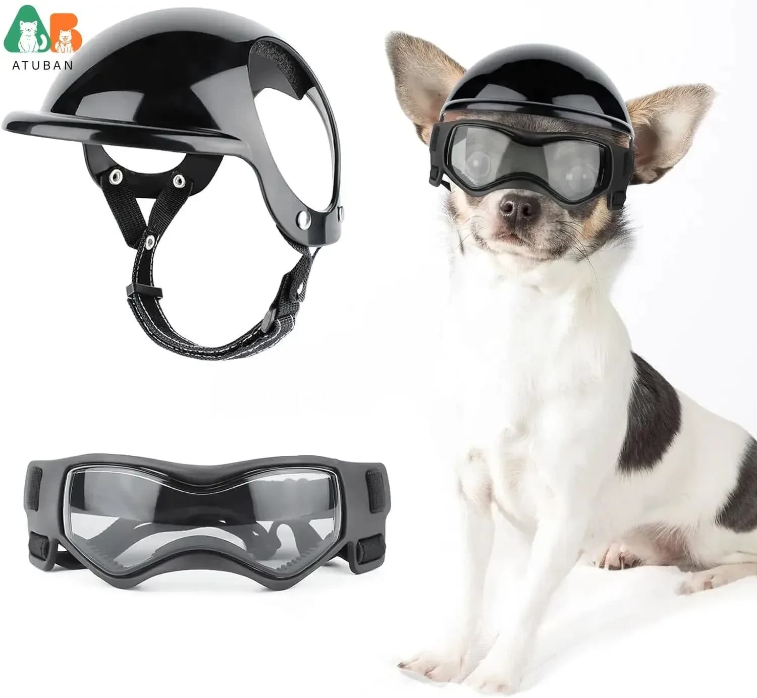 ATUBAN Casque pour chien et lunettes pour petits chiens-Casque de moto pour animaux de compagnie avec trous d'oreille Sangles réglables pour