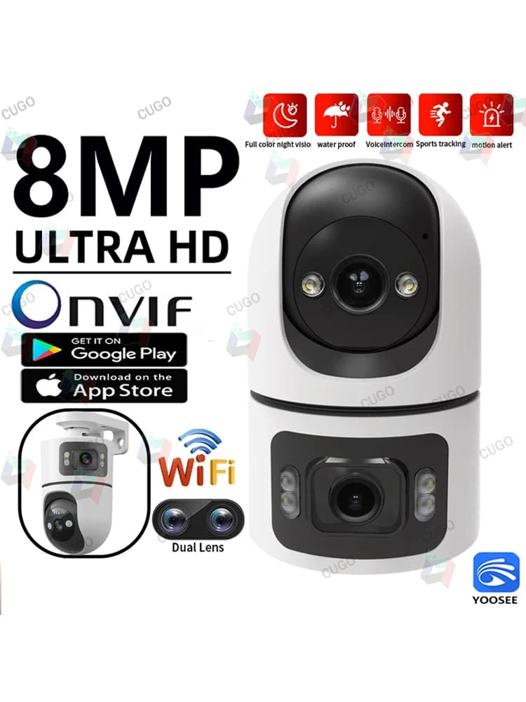 Caméra IP WiFi YOOSEE 8MP à double objectif avec écran, détection de mouvement, suivi automatique, audio bidirectionnel, Onvif, zoom 10X,