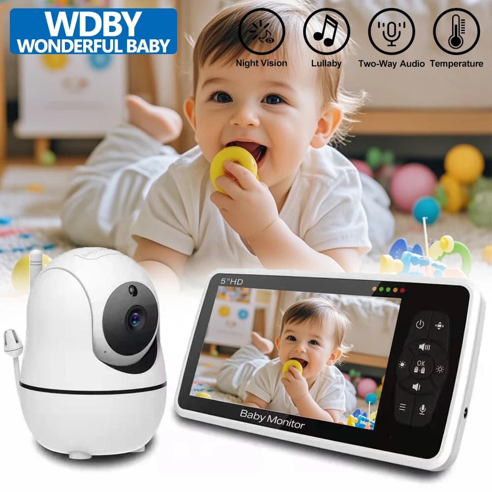 Babyphone vidéo 5 pouces avec caméra zoom 4x, audio bidirectionnel, batterie, portée de 1000 pieds, capteur de température, vision nocturne