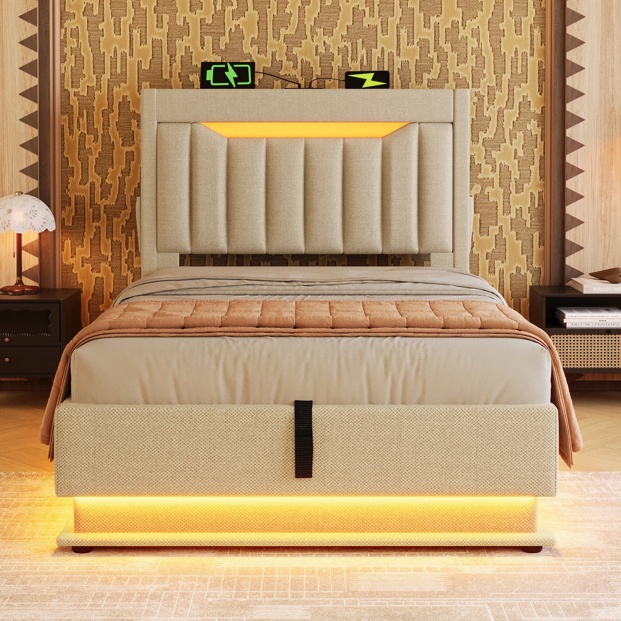 KOMHTOM UPbeing Bed Connecteurs USB et type-c Éclairage LED Rangement hydraulique sans matelas