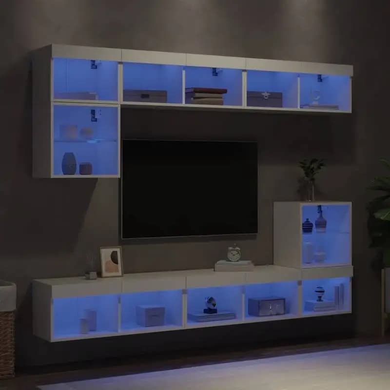 Meuble TV mural avec éclairage LED intégré pour salon – Construction en bois au design moderne et rangement mural