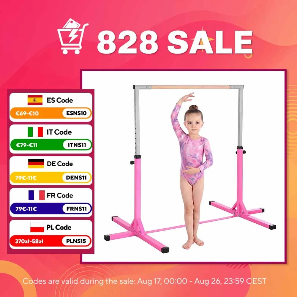 HOMCOM Barre fixe de gymnastique pour enfant, hauteur réglable 13 niveaux de 92-150 cm, en acier et bois en hêtre, barre de gym