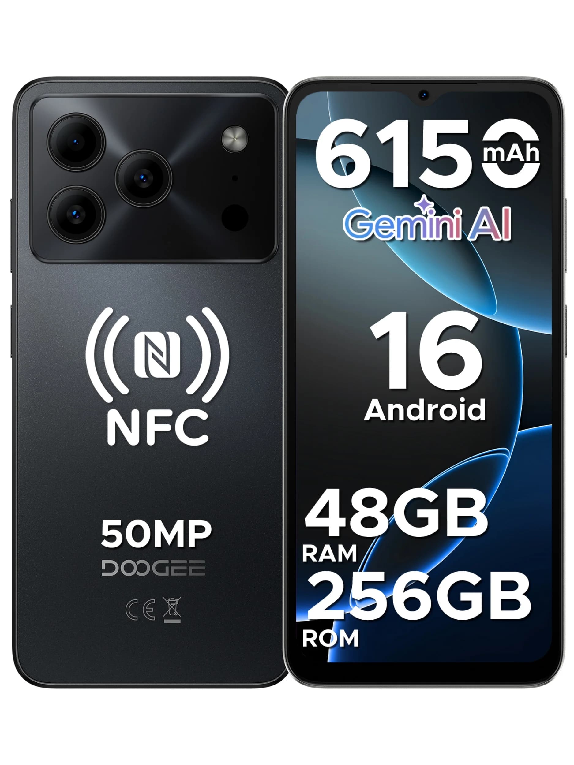 DOOGEE Note56 Plus Android 16 Smartphone 48GB 256GB 6150mAh grande batterie 6.56 ''90Hz affichage 50MP caméra NFC téléphones mobiles