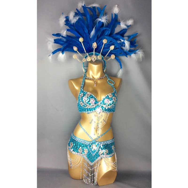 Costume de carnaval Samba Rio Sexy pour femmes, ensemble de danse du ventre à paillettes perlées faites à la main avec tête en plumes turquoises