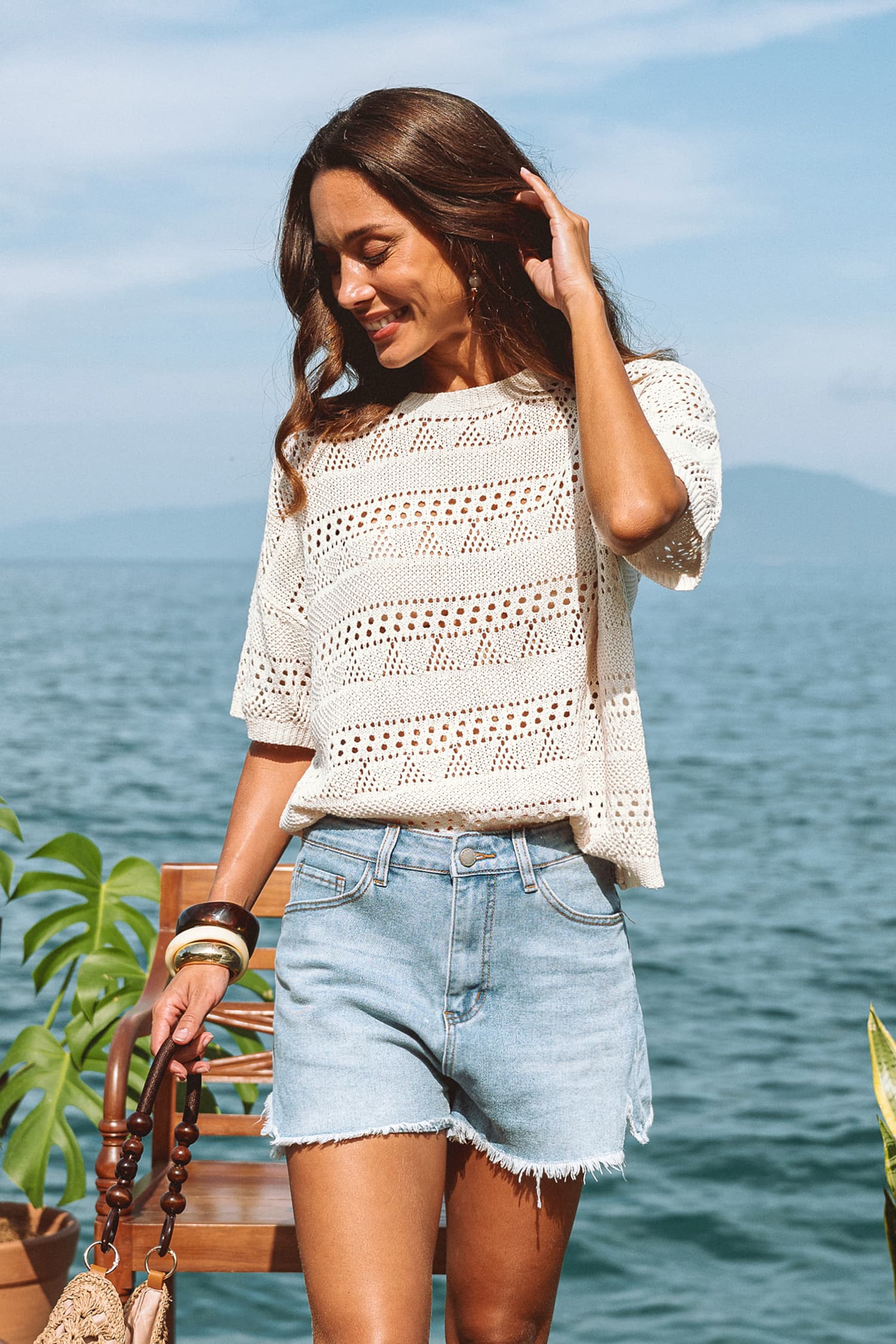 Top beige en tricot à manches courtes