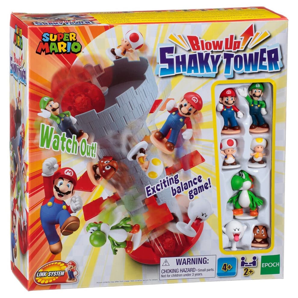 Epoch Games Super Mario Blow Up! Shaky Tower Balancing Game     Jeu d'adresse et d'action sur table avec figurines Super Mario     collectionner (lot