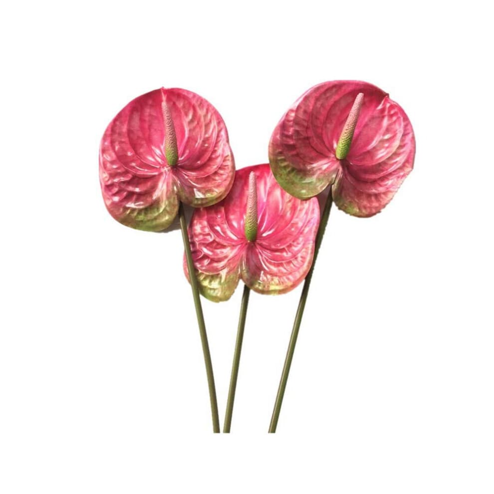 Lot de 3 bouquets de fleurs d'anthurium artificielles de 22,8 pouces et feuilles vertes pour décoration de mariage (rose)