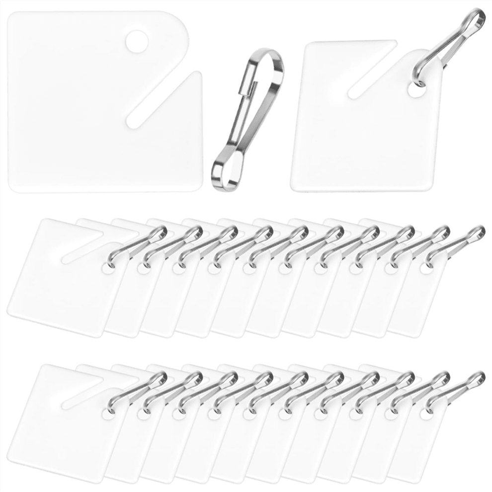 Lot de 100 ?tiquettes porte-cl?s, ?tiquettes suspendues en plastique fendues avec mousquetons m?talliques, blanches, carr?es et vierges