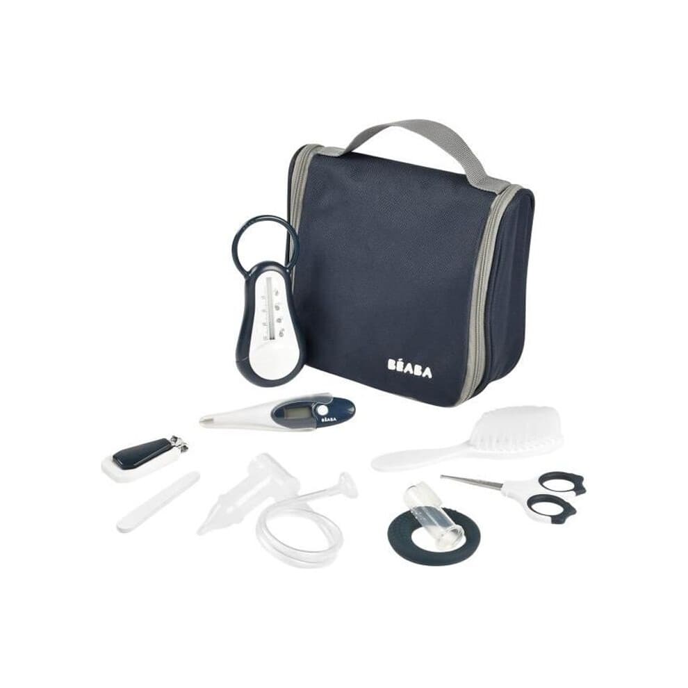 BÉABA - Trousse de Toilette Bébé - 9 Accessoires - Thermomètre Bain et Digital - Anneau Dentition - Masseur de Gencives - Night Blue