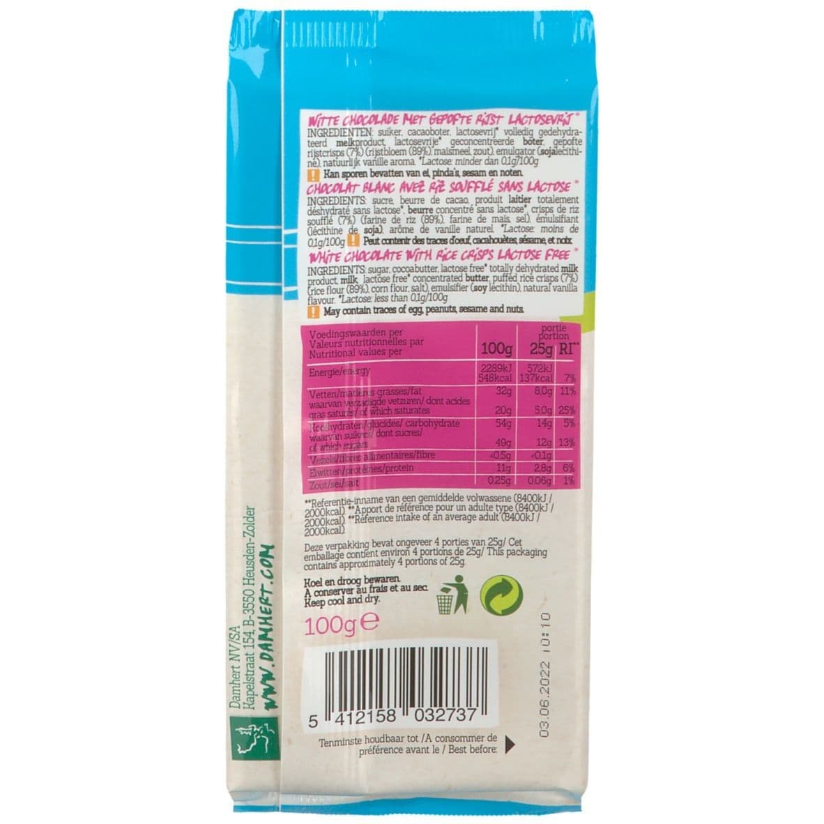 Damhert Lactose Free Crisp Blanc Gluten Free 100 g Chocolat view 2