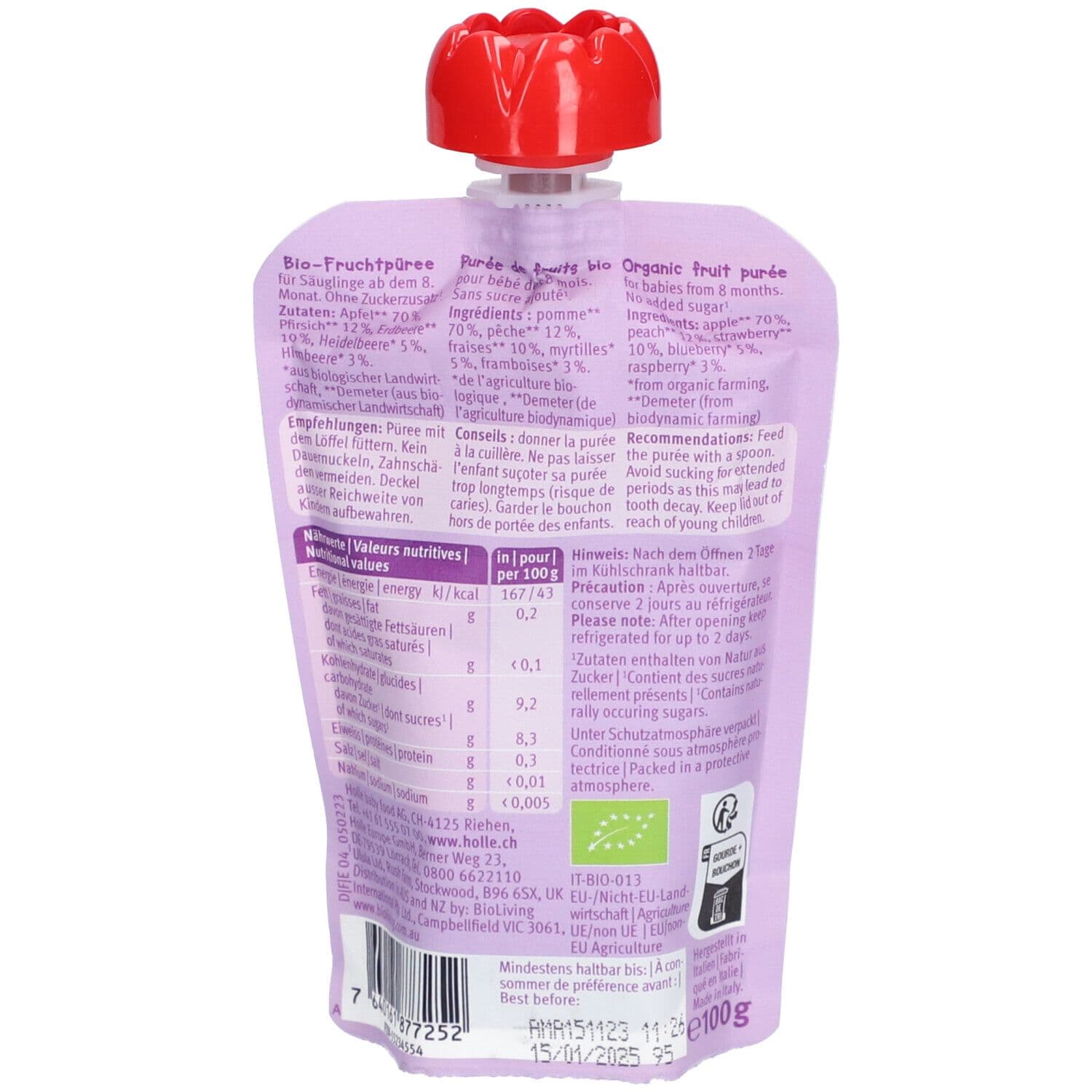 HOLLE Berry Puppy Gourde Pomme, pêche et fruits des bois bio 100 g Purée view 2