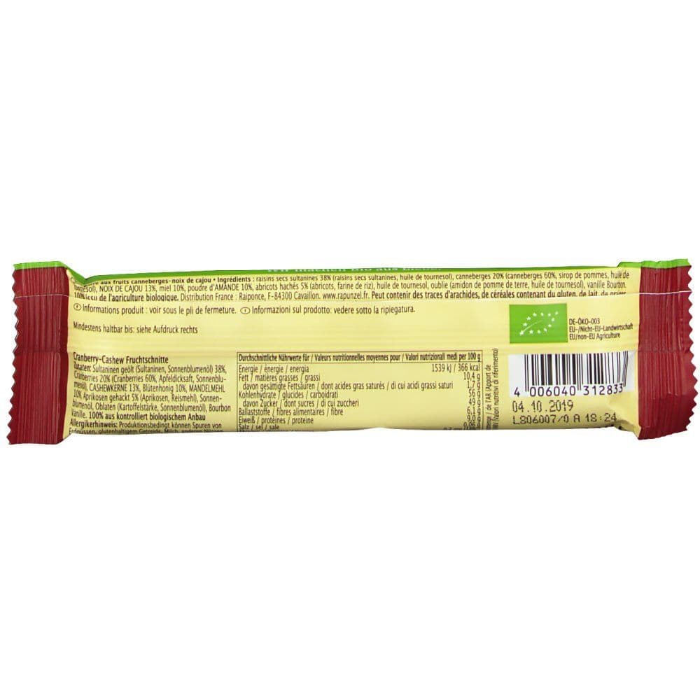 RAPUNZEL Barre aux Fruits Canneberges-Noix de Cajou Bio 40 g Barre view 2