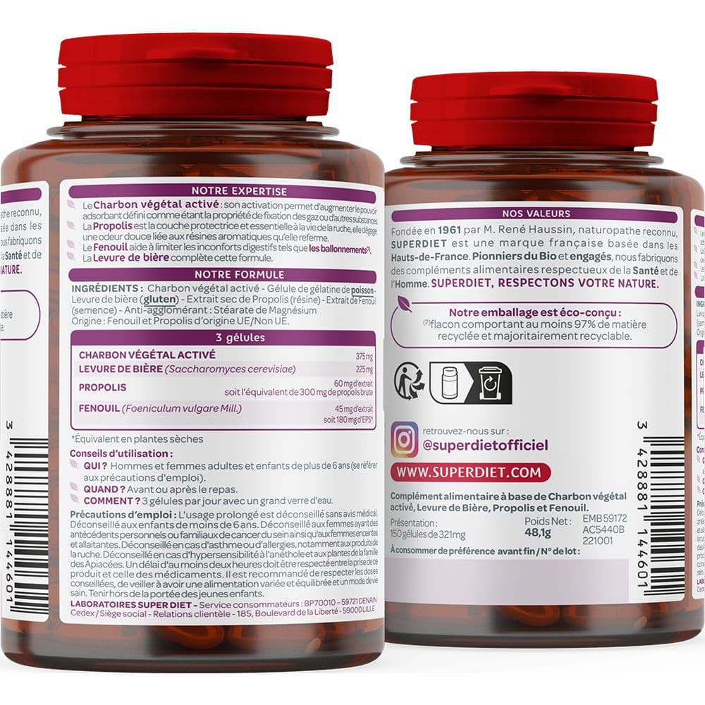 Superdiet Quatuor Ballonnements - Charbon, Fenouil, Propolis, Levure - 10% avec le code: 926CE 150 pc(s) Capsule(S) view 2