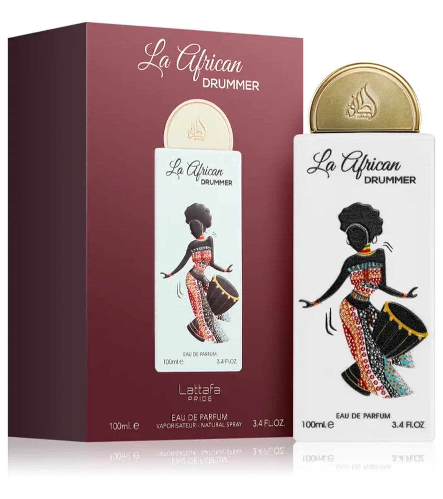 Lattafa La African Drummer Eau de Parfum, un parfum corporel fruité et frais aux accents orientaux chaleureux, présenté dans un flacon blanc de 100
