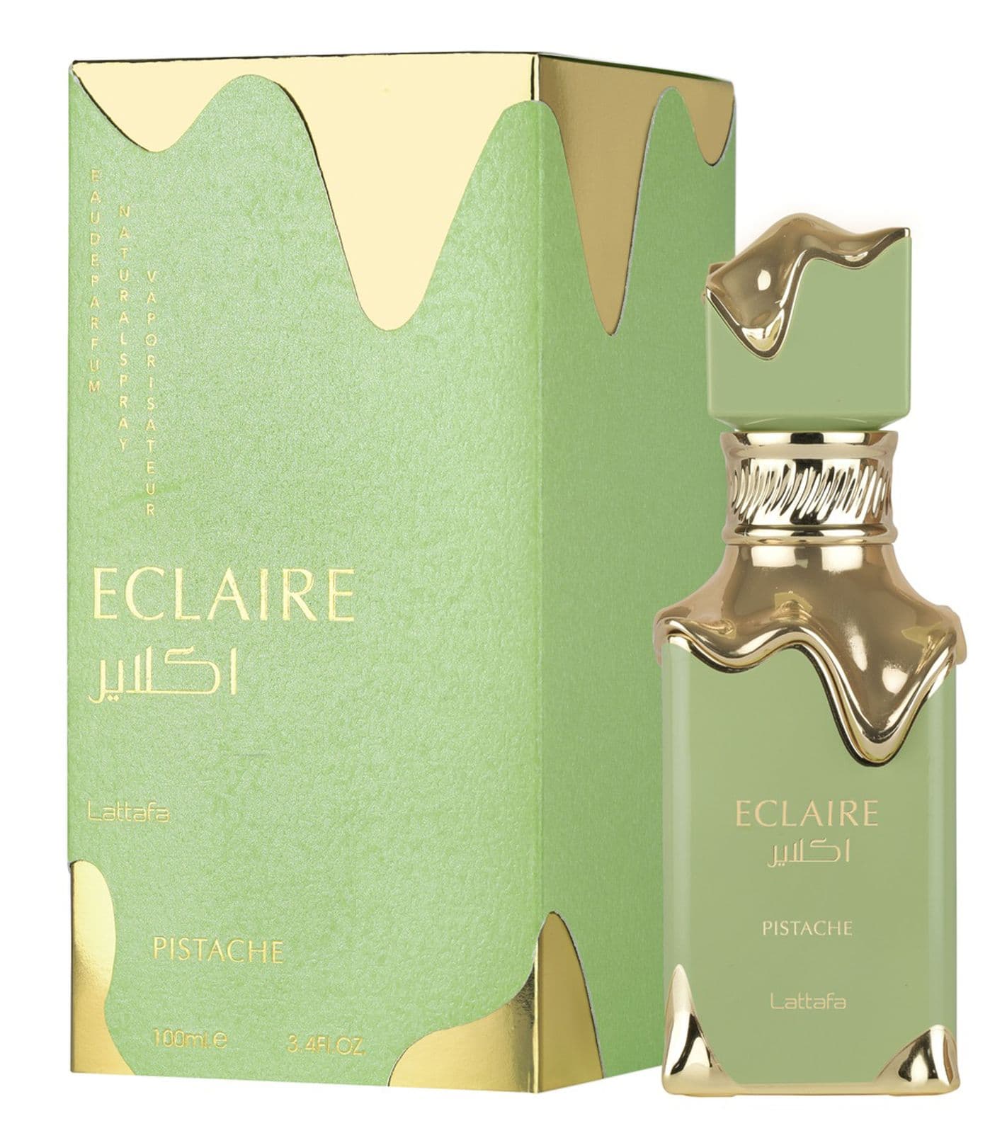 Lattafa Éclair Pistache, un parfum unisexe d'exception, est une eau de toilette douce et crémeuse pour femme et homme, 100 ml, flacon vert.