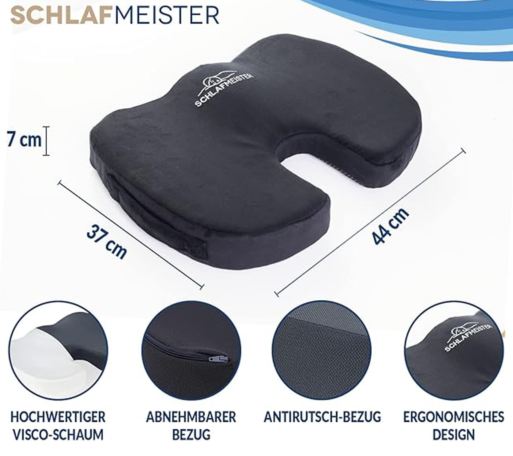 Coussin d'assise orthopédique SCHLAFMEISTER Badger, certifié OEKO-TEX, coussin coccygien, 44 x 37 x 7 cm, noir view 2