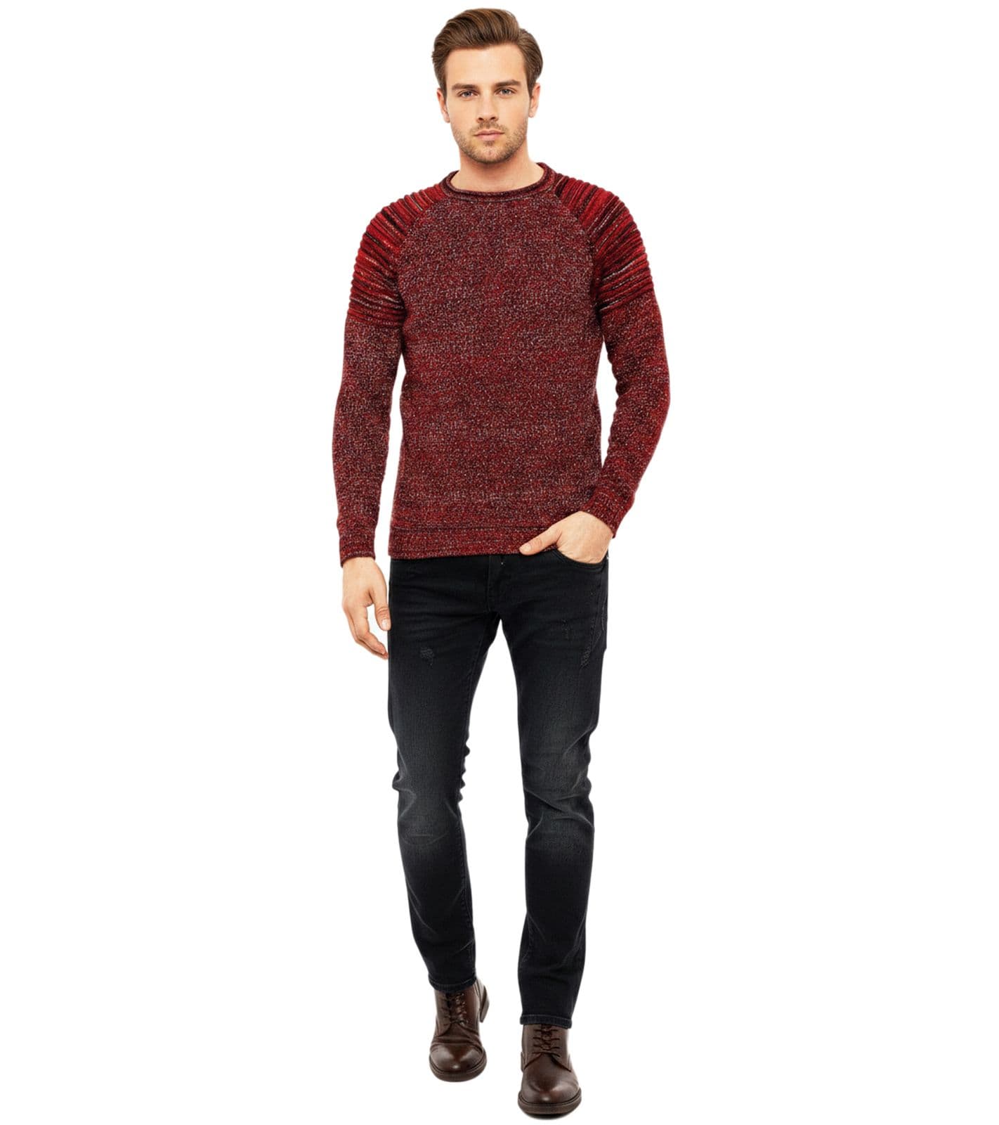 Pull homme en maille fine à col rond, style motard, rouge, référence 6240