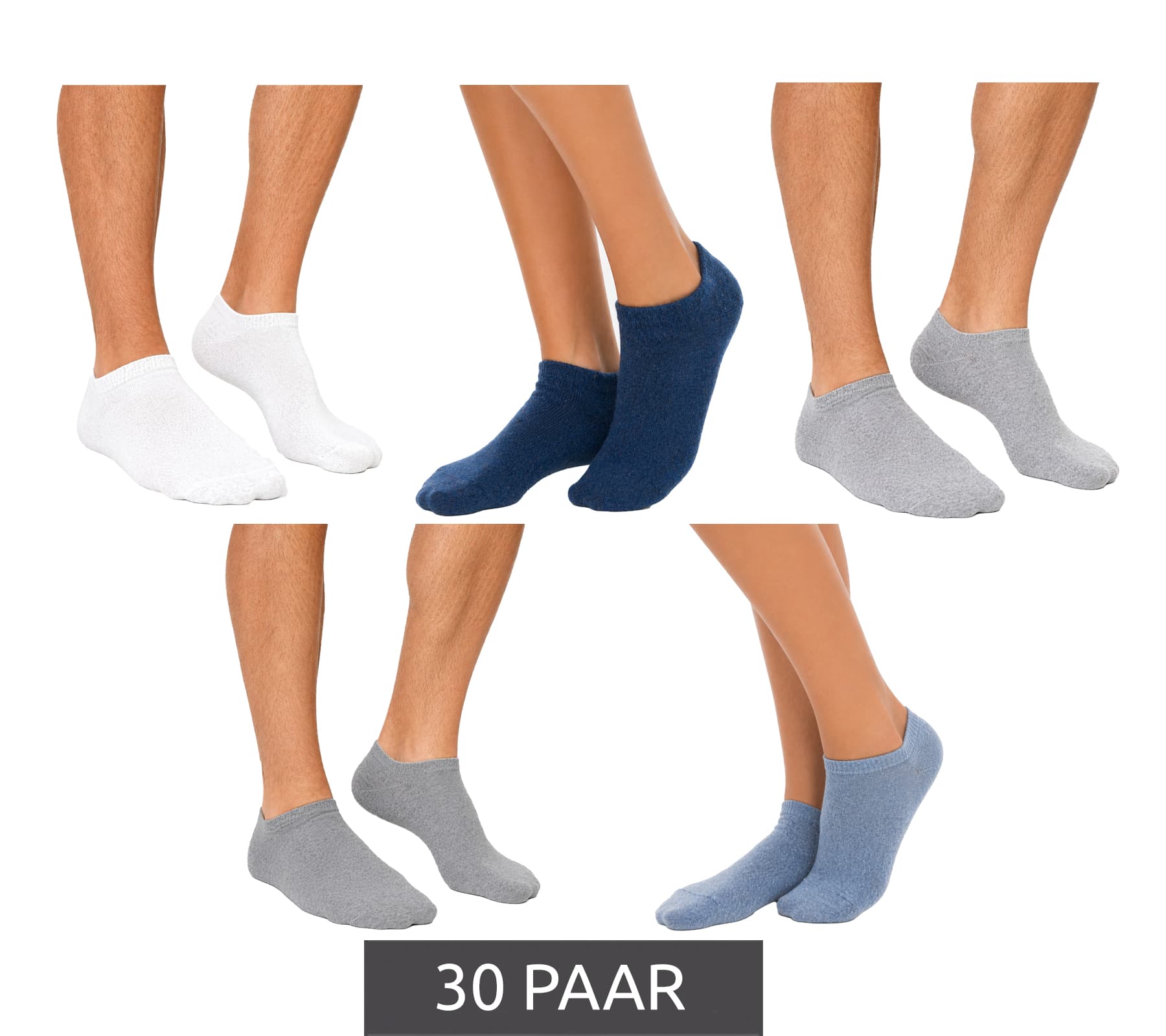 Lot de 30 paires de chaussettes unisexes en coton écoresponsables, chaussettes simples pour baskets, chaussettes basses, gris/blanc/gris clair/bleu