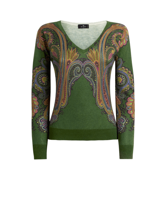 Etro, Pull Col v En Soie Et Cachemire À Imprimé Paisley Placé, Femme, Vert, Taille 36